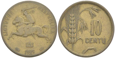 ЛИТВА 10 ЦЕНТОВ 1925 ПОГОНЯ KM 73 алюминиевая бронза 217-134