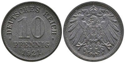 ГЕРМАНИЯ 10 ПФЕННИГОВ 1921 KM 26, J. 299 цинк 4380-225