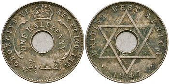 Британская Западная Африка 1/2 пенни 1947 H, Георг VI KM 18 медно-никель 25-1021