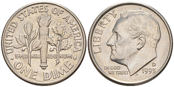 США 10 ЦЕНТОВ = 1 ДАЙМ 1993 D, РУЗВЕЛЬТ KM 195a медь плакированная медно-никелем 187-1068