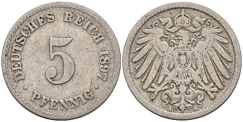Германия 5 пфеннигов 1897 A KM 11, J. 12 медно-никель 4151-414