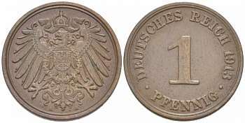 ГЕРМАНИЯ 1 ПФЕННИГ 1913 A KM 10 J. 10 медь 3955-466