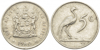 ЮАР 5 центов 1980 герб, райский журавль KM 84 никель 105-1029