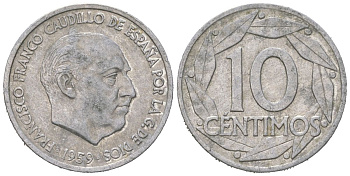 Испания 10 сентимо 1959 Франсиско Франко (1939-1975) KM 790 алюминий aUNC 4617-1262
