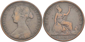 Великобритания 1/2 пенни 1862 Виктория (1837-1901) KM 748.2, Spink 3956 бронза  1518-1411