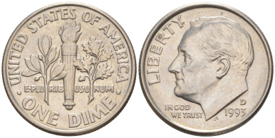 США 10 ЦЕНТОВ = 1 ДАЙМ 1993 D, РУЗВЕЛЬТ KM 195a медь плакированная медно-никелем 187-1068