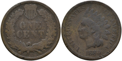 США 1 ЦЕНТ 1880 ИНДЕЕЦ KM 90а бронза 4396-346