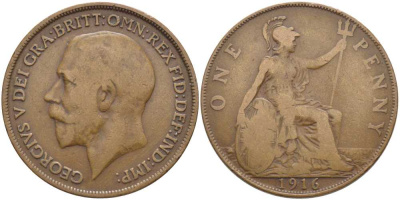 Великобритания 1 пенни 1916 Георг V (1910-1936) KM 810, Spink 4051 бронза 111-1236