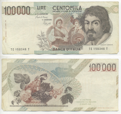 Италия 100000 лир 1983 Караваджо, фруктовый букет, подпись Speziali Pick 110b бумага 7220-20-2