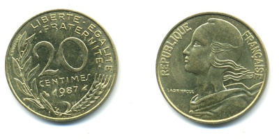 ФРАНЦИЯ 20 САНТИМОВ 1987 KM 930 медь алюминий никель 25-254