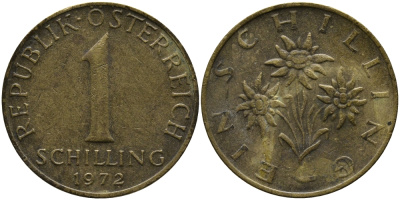 Австрия 1 шиллинг 1972 KM 2886 алюминиевая бронза 33-511