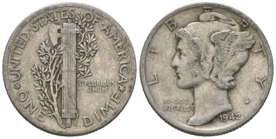 США 10 центов (дайм) 1942 KM 140 серебро 3334-1257