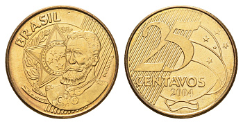 Бразилия 25 сентаво 2004 KM 650 сталь плакированная латунью UNC 4688-153