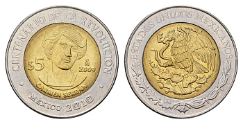 Мексика 5 песо 2009 Столетие революции - Кармен Сердан KM 909 биметалл UNC 216-1235