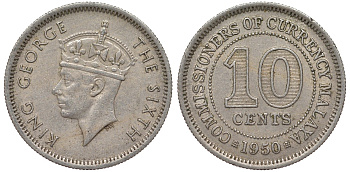 Британская Малайя 10 центов 1950 Георг VI (1937-1952) KM 8 медно-никель 4164-343