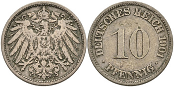 Германия 10 пфеннигов 1901 F KM 12, J. 13 медно-никель 4575-557