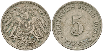 Германия 5 пфеннигов 1907 D, KM 11, J. 12 медно-никель 4364-3662