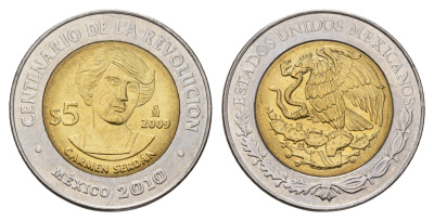 Мексика 5 песо 2009 Столетие революции - Кармен Сердан KM 909 биметалл UNC 216-1235