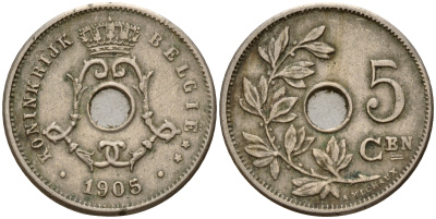 Бельгия 5 сантимов 1905 Belgen KM 55 медно-никель    4598-848