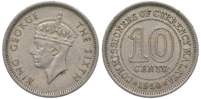 Британская Малайя 10 центов 1950 Георг VI (1937-1952) KM 8 медно-никель 4164-343