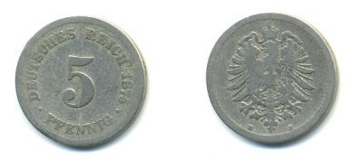 ГЕРМАНИЯ 5 ПФЕННИГОВ 1875 B, СТАРОГЕРБОВКА KM 3, J.3 медно-никель 4379-257