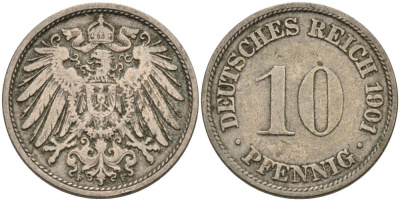 Германия 10 пфеннигов 1901 F KM 12, J. 13 медно-никель 4575-557