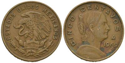 Мексика 5 сентаво 1969 Мо, Жозефа Ортис де Домингес KM 426 латунь 4618-748