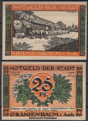 Ораниенбаум 25 пфеннигов 1921 Mehl Grabowski 1024.1-2/8 бумага UNC (пресс) 8613-46-2-1