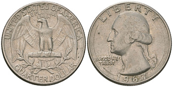 США 25 центов (квотер) 1967 Вашингтон KM 164a медь плакированная медно-никелем 4601-1214
