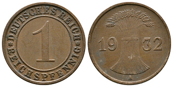 ГЕРМАНИЯ 1 РЕЙХСПФЕННИГ 1932 A KM 37, J. 313 бронза 4380-1225