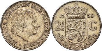 Нидерланды 2 1/2 гульдена 1959 Юлиана (1948-1980) KM 185 серебро 4131-1121