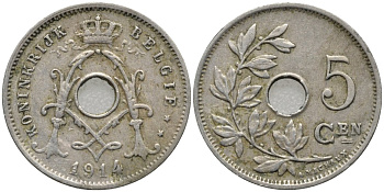 Бельгия 5 сантимов 1914 BELGIE KM 67 медно-никель 4516-923