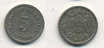 ГЕРМАНИЯ 5 ПФЕННИГОВ 1914 A, KM 11, J. 12 медно-никель 54-647