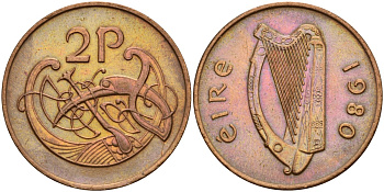 Ирландия 2 пенсов 1980 Виньетка в виде стилизованной птицы из второй библии Карла II Лысого KM 21 бронза 4140-244