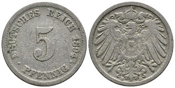 ГЕРМАНИЯ 5 ПФЕННИГОВ 1894 D KM 11, J. 12 медно-никель 39-666