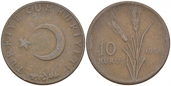 ТУРЦИЯ 10 КУРУШЕЙ 1958 KM 891.1 бронза 4516-1131