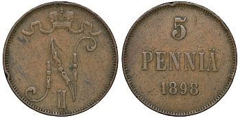 Россия для Финляндии 5 пенни 1898 Николай II (1894-1917) KM 15, Биткин 443 медь 51-721