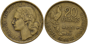 Франция 20 франков 1951 B, Петух KM 917.1 алюминиевая бронза 4159-935