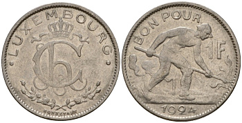 Люксембург 1 франк 1924 сталевар, Шарлотта (1918-1964) KM 35 никель 4603-1044