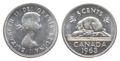 Канада 5 центов 1963 Елизавета II (1952-2022), бобр KM 57 никель PROOF-LIKE (BU) 4639-442