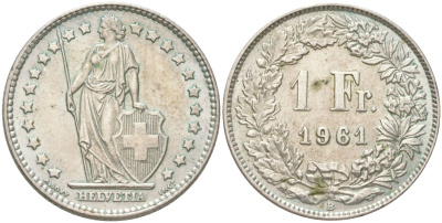 Швейцария 1 франк 1961 B KM 24 серебро 4620-1214