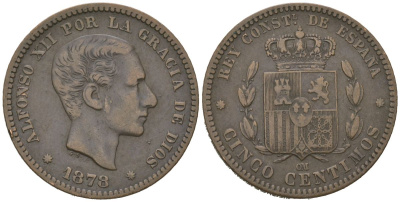 Испания 5 сентимо 1878 OM, Альфонсо XII (1874-1885) KM 674 бронза 92-1011