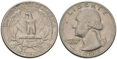 США 25 центов (квотер) 1967 Вашингтон KM 164a медь плакированная медно-никелем 4601-1214