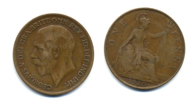 Великобритания 1 пенни 1920 Георг V (1910-1936) КМ 810, Spink 4051 бронза 47-334