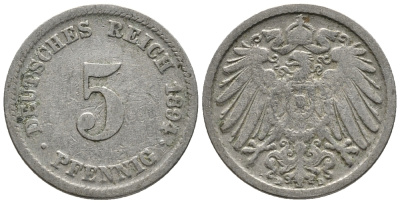 ГЕРМАНИЯ 5 ПФЕННИГОВ 1894 D KM 11, J. 12 медно-никель 39-666