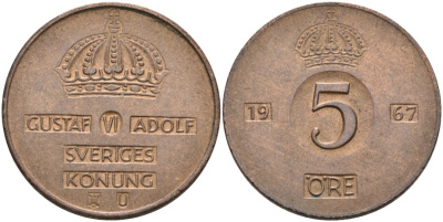 Швеция 5 эре 1967 U, Густав VI Адольф (1950-1973) KM 822 бронза 4571-824