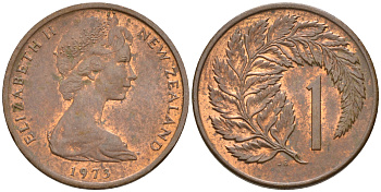Новая Зеландия 1 цент 1973 Елизавета II (1952-2022), лист папоротника KM 31.1 бронза    4602-633