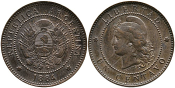 Аргентина 1 сентаво 1884 голова свободы влево KM 7 бронза 4525-1021