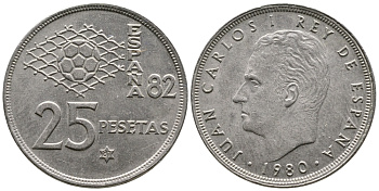 Испания 25 песет 1980 (81) Хуан Карлос, чемпионат мира по футболу Испания 82 KM 818 медно-никель 4110-1546