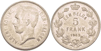 БЕЛЬГИЯ 5 ФРАНКОВ 1932 АЛЬБЕРТ I, DER BELGEN KM 98 никель 3851-414